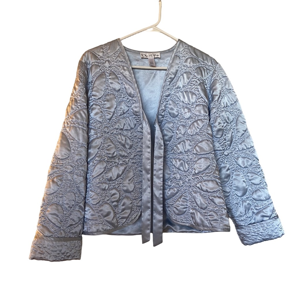 Oscar de la Renta Ice Blue Quilted Satin Bow Jacket Vintage Old Hollywood S - Picture 4 of 15